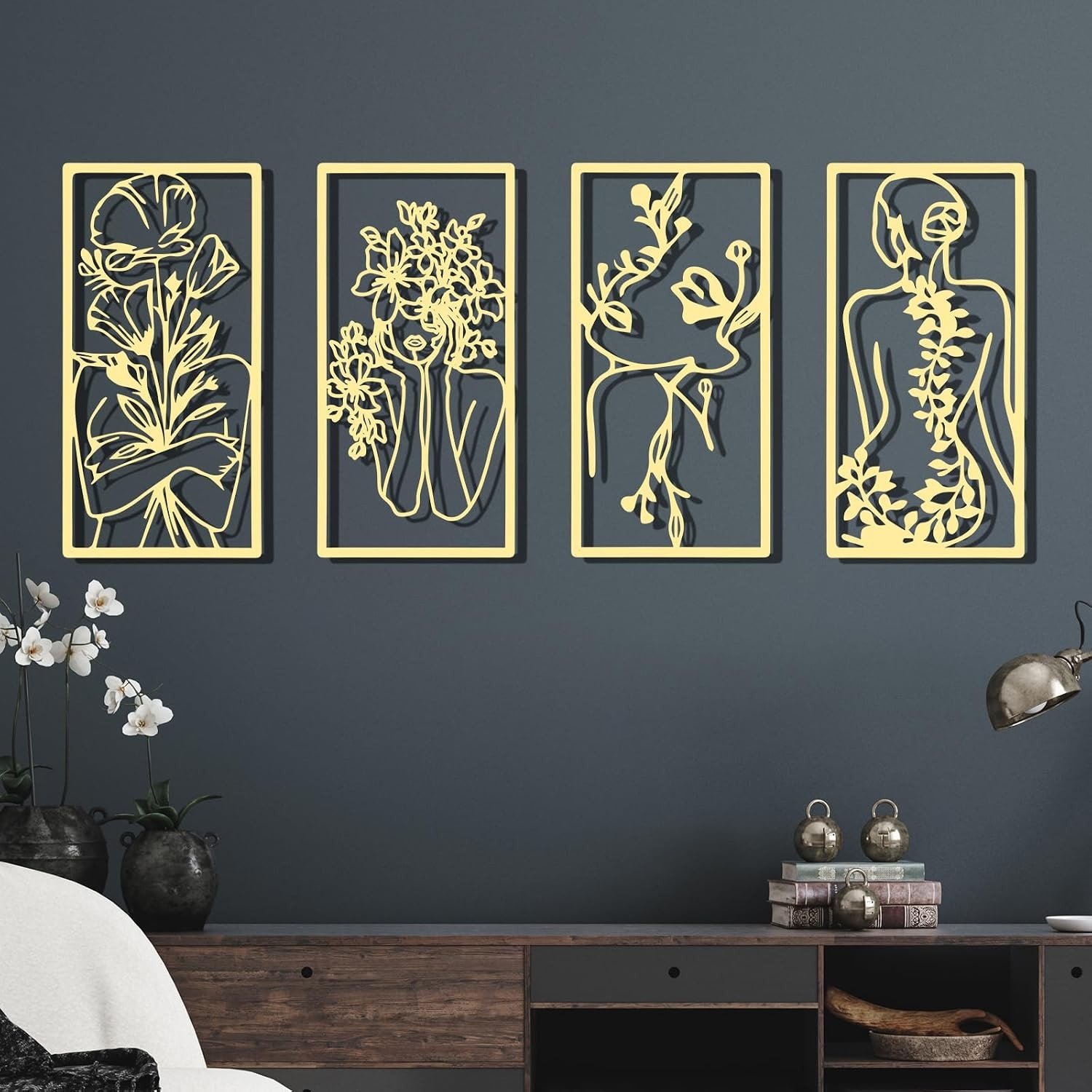Gold Metal Abstract Woman Wall Art Decor 4 Pcs Minimalist Metal Wall Art Piece