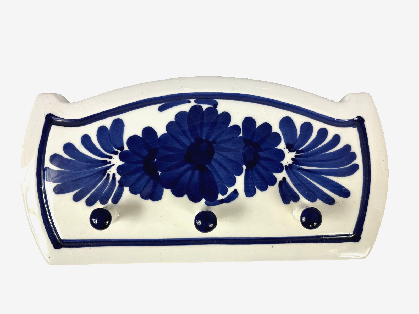 Vintage Fitra Ceramic Blue White Floral Design Wall Plaque 3 Hooks