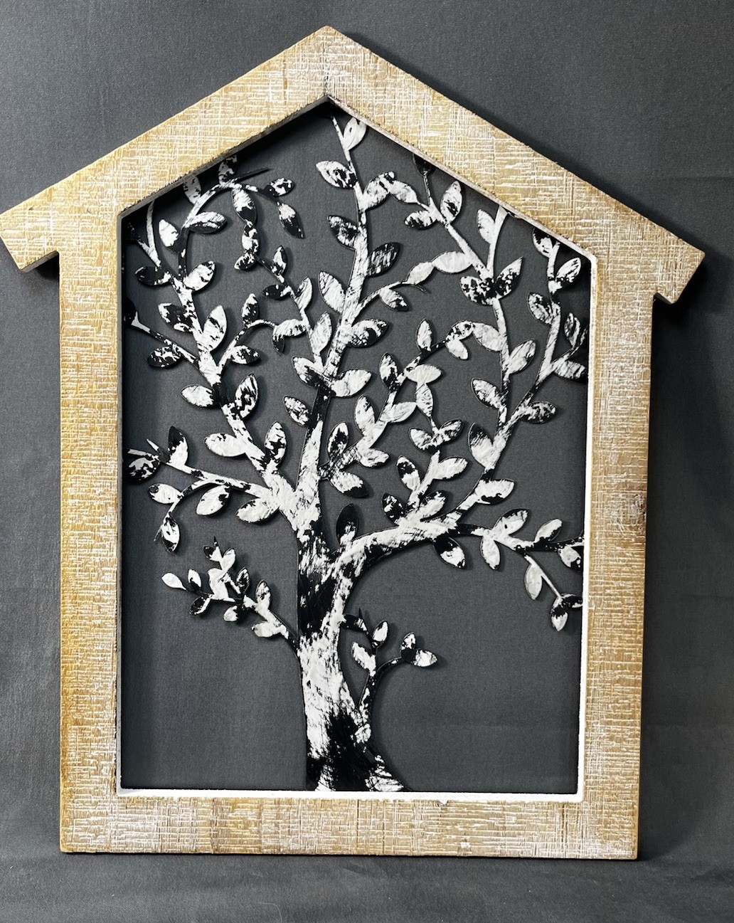 Tree Of Life Wall Hanging Metal With House Shaped Wood Frame 18.5″H x16″W