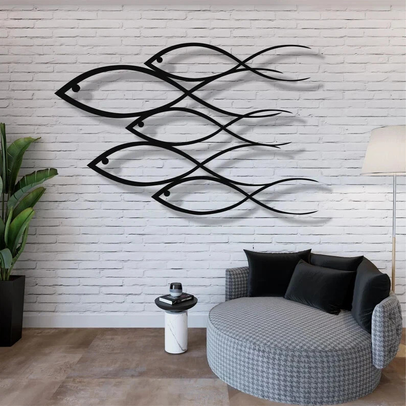 Metal Fish Wall Art Modern 5 Fish Family Wall Decor Home Office Hanging Sign