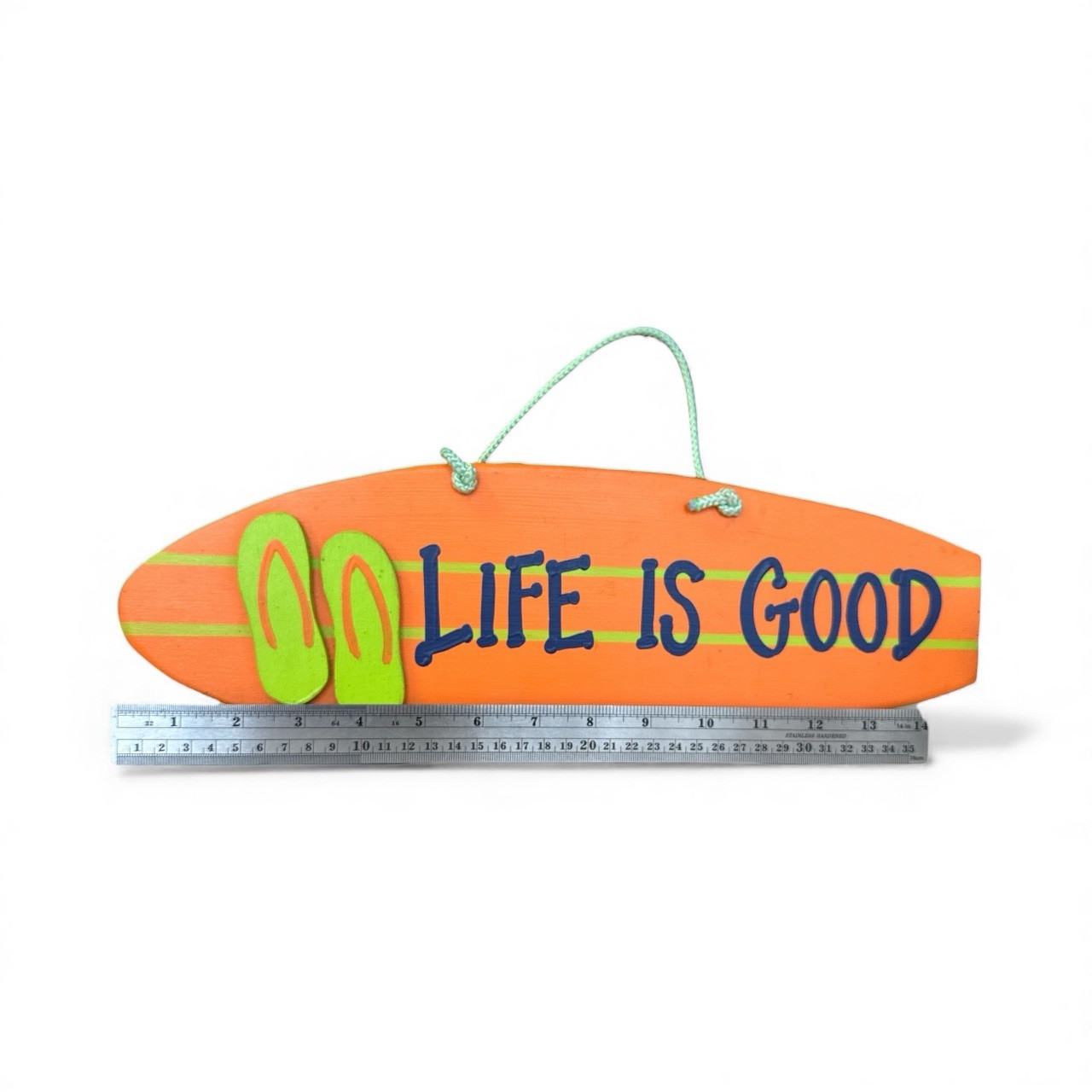 LIFE IS GOOD wooden surfboard Shape wall sign orange green flip flop