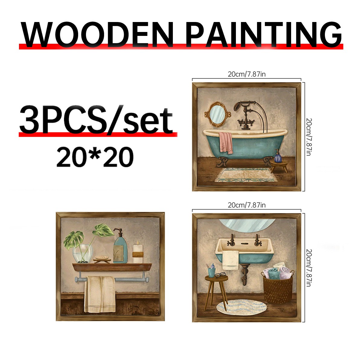 3Pcs Vintage Bathtub Still Life Wooden Sign Rustic Framed Bathroom Wall Decor