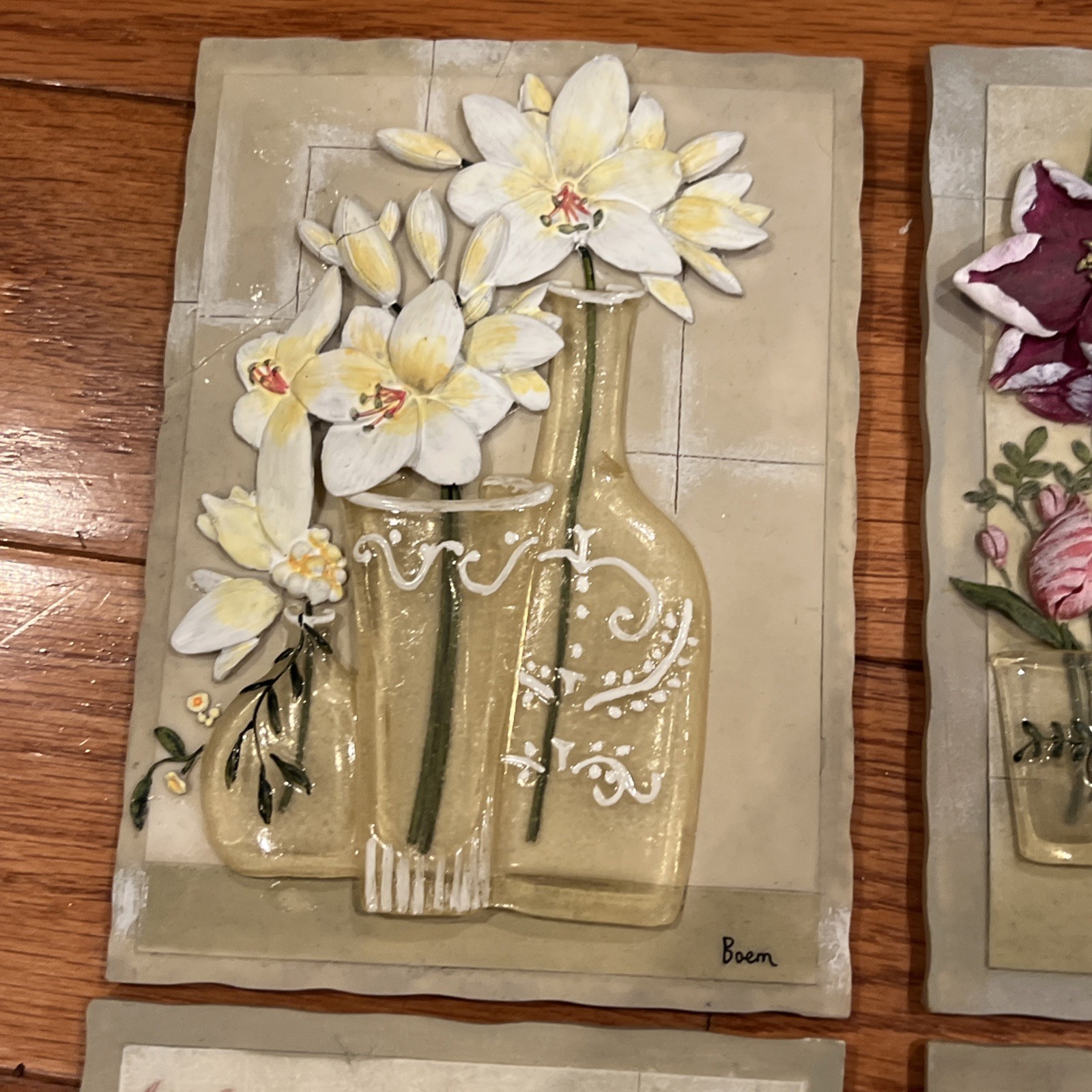 4 Vtg 3D Wall Art Tiles Raised Pink & White Flowers In Resin Vases Boem Set Lot