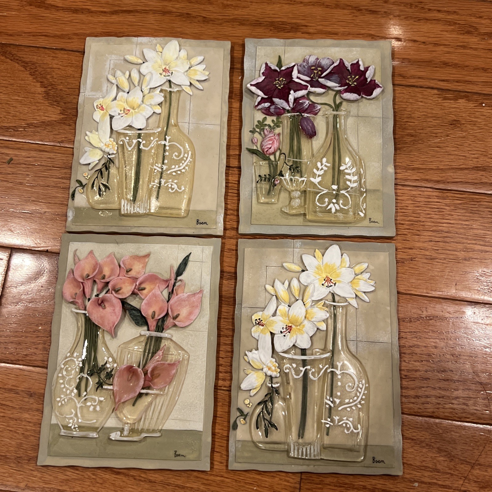 4 Vtg 3D Wall Art Tiles Raised Pink & White Flowers In Resin Vases Boem Set Lot