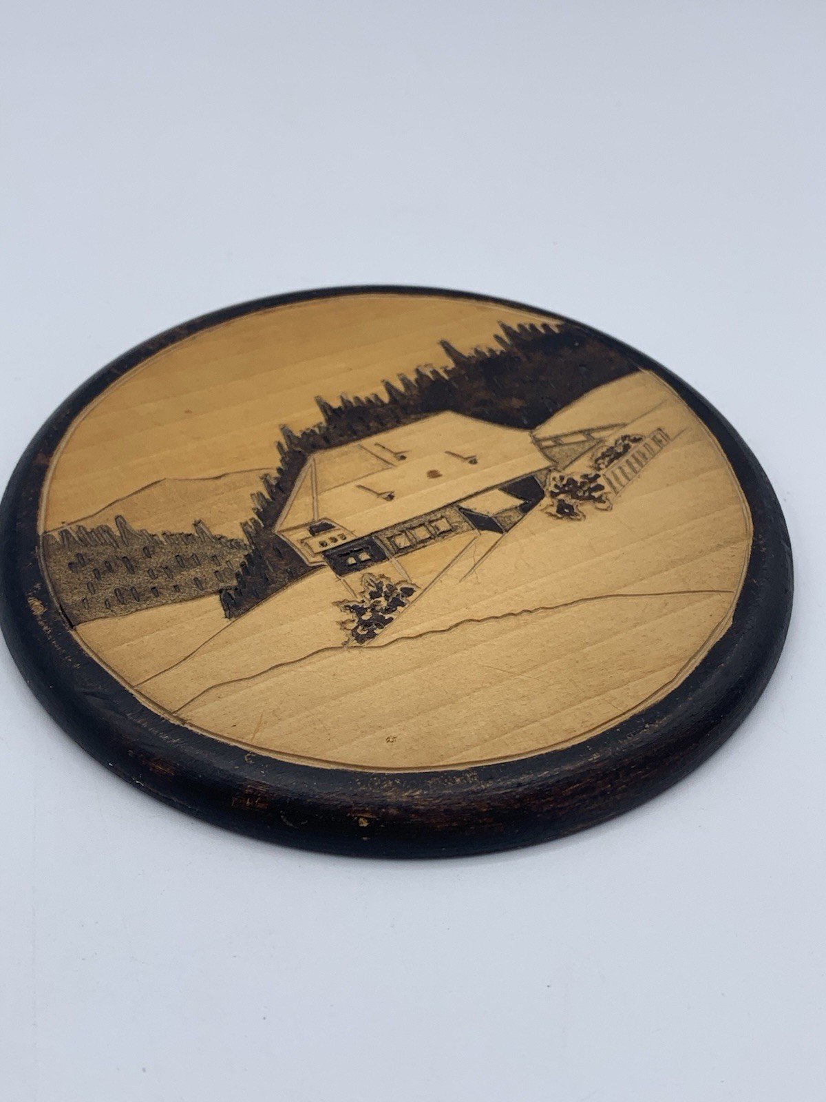 Vintage Inlay Wall Art Handmade Wood Round Country Hillside Scenery