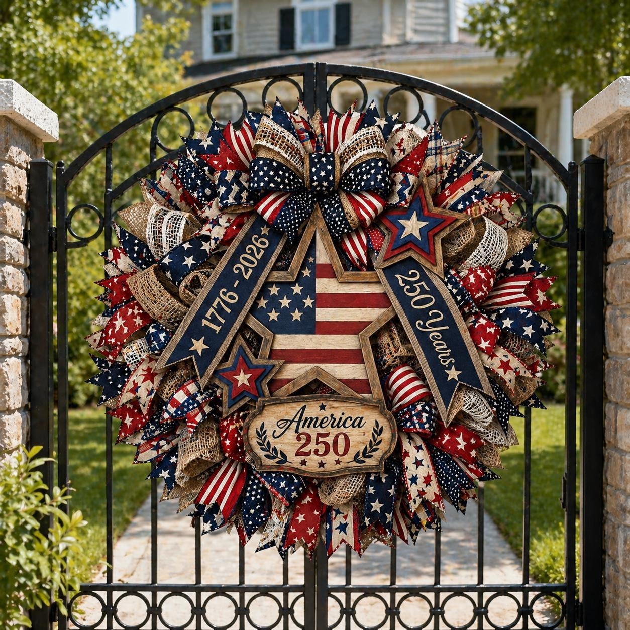 America 250th Years Wooden Wreath, Patriotic Eagle Door Sign Plaque
