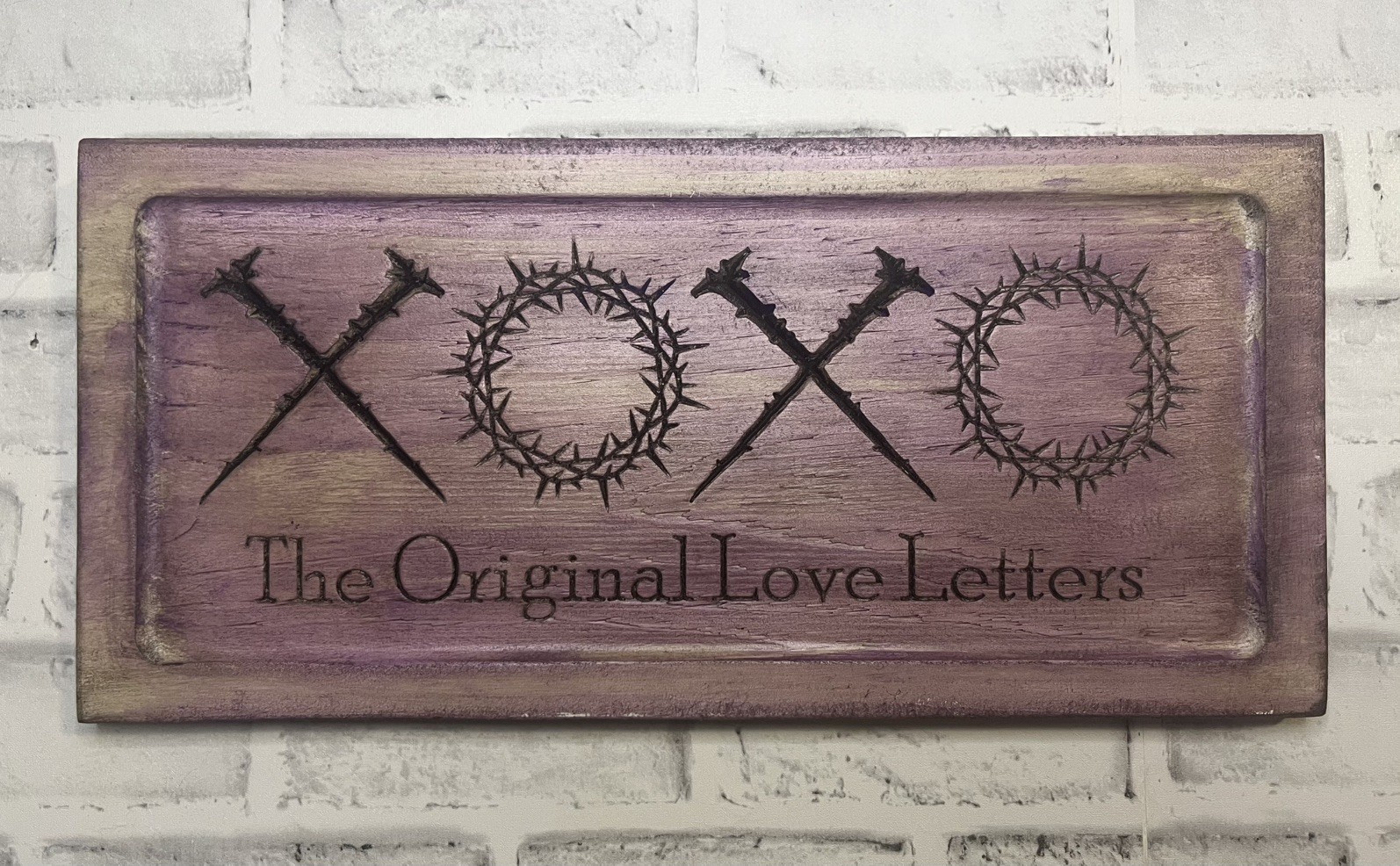 Decorative Wood Wall Plaque Love Theme Quotes Distressed Purple Glaze Finish