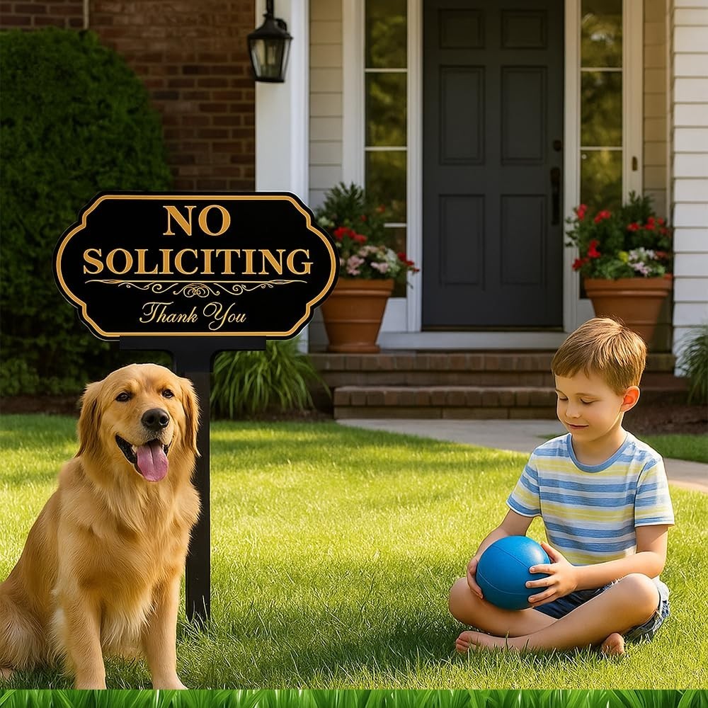 No Soliciting Sign for Front Door & Yard – Aluminum 14×7 inch, 36 inch Stake (2