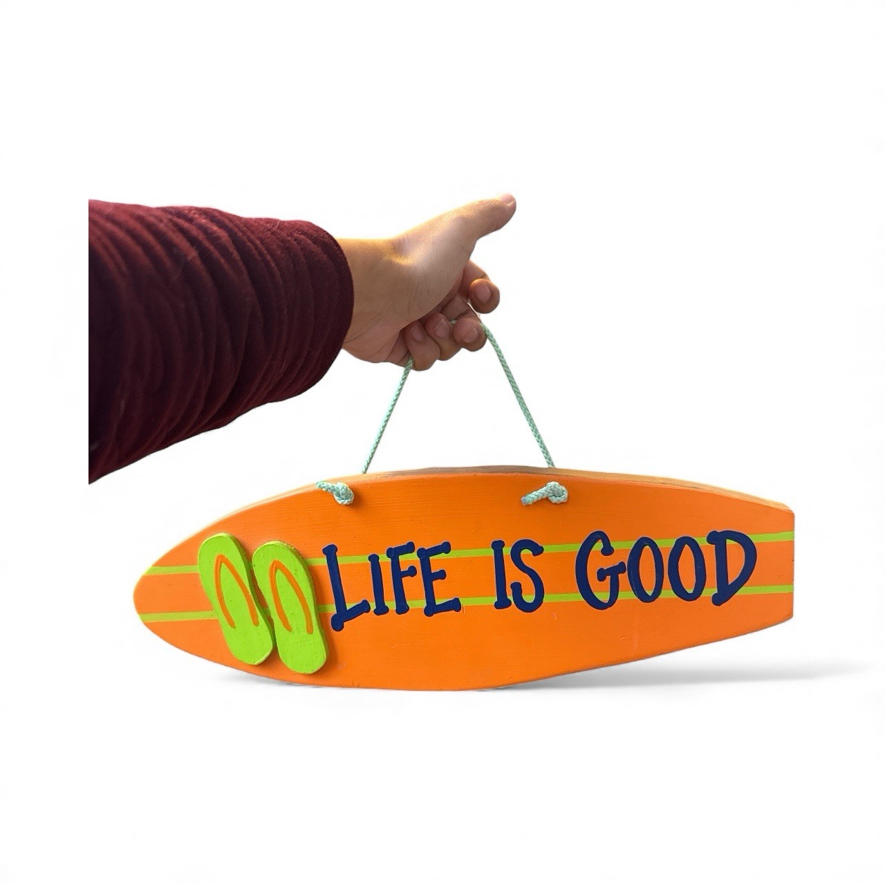 LIFE IS GOOD wooden surfboard Shape wall sign orange green flip flop
