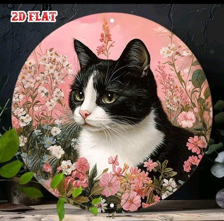 Black White Cat Pink Flowers Round Metal Sign 8″ Aluminum Wall Decor