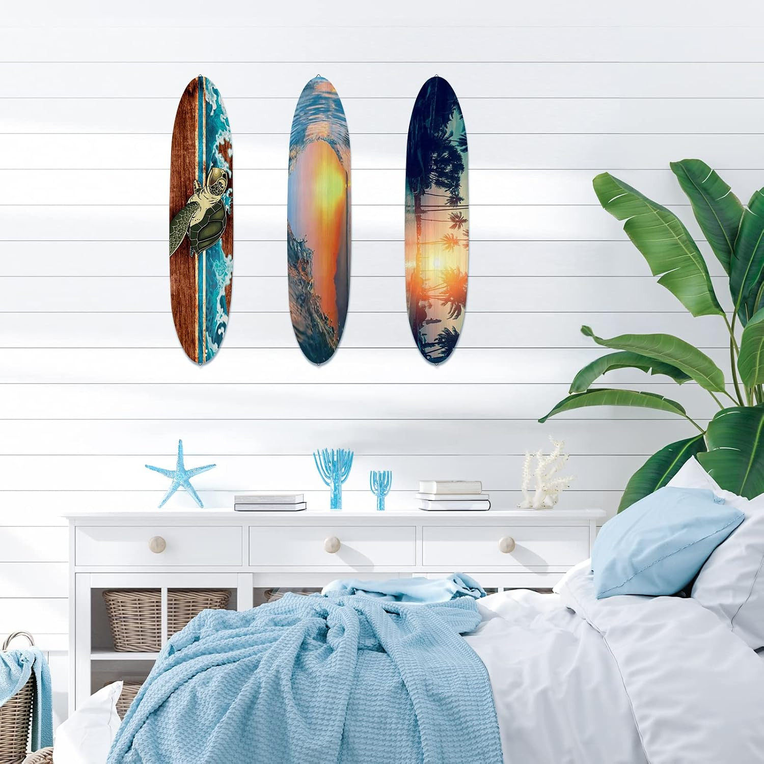 3 Pcs Surfboard Wall Decor 23.6″ X 5.4″ Beach Room Decor Large Wooden Summer Sur