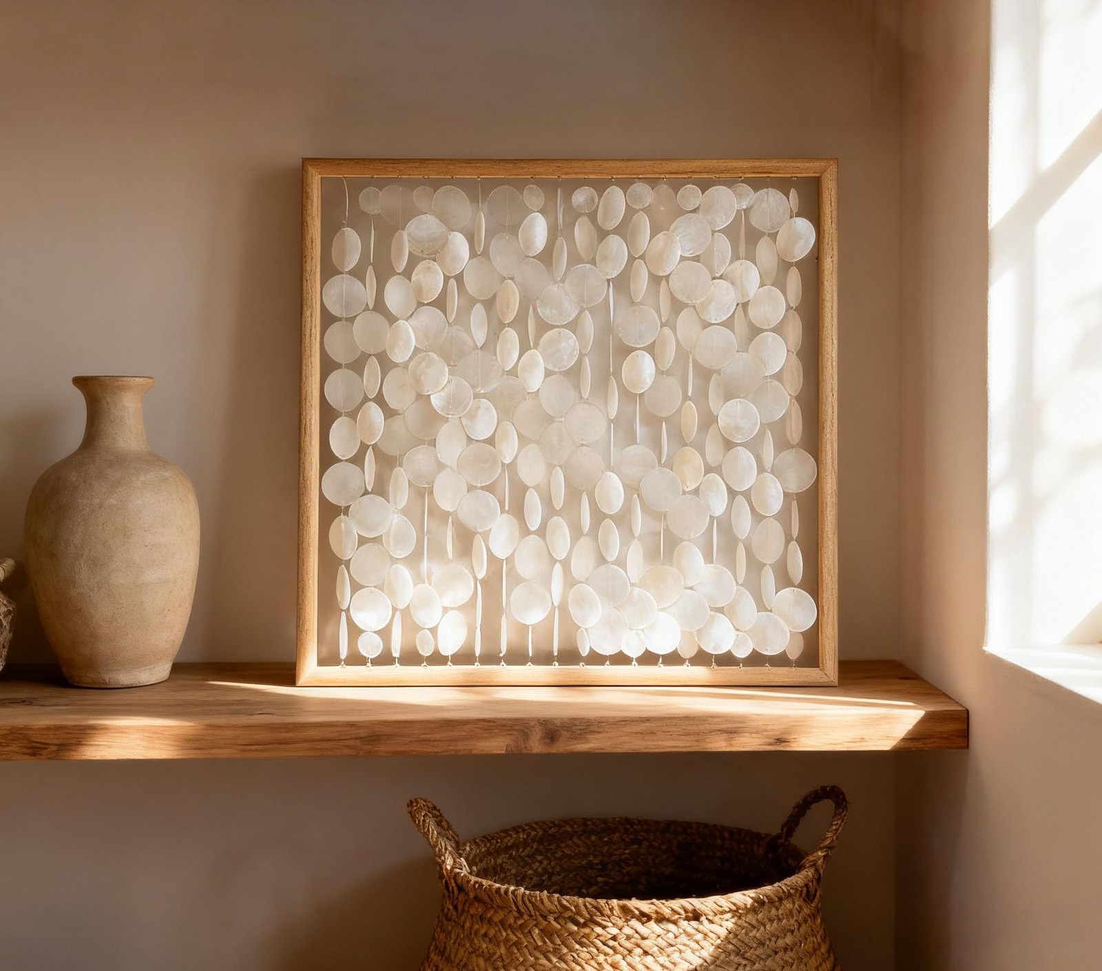 Bergamot 3D Handmade 24″x24″ Capiz Shell Wall Hanging Decor, Solid Wooden Fra…
