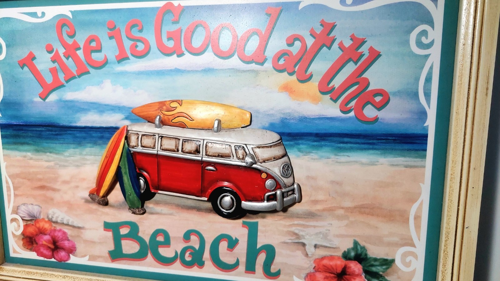 VW Van“life Is Good”Surfing Beachcomber 2009 Wall Picture 17″Wood 3D Sign BoHo