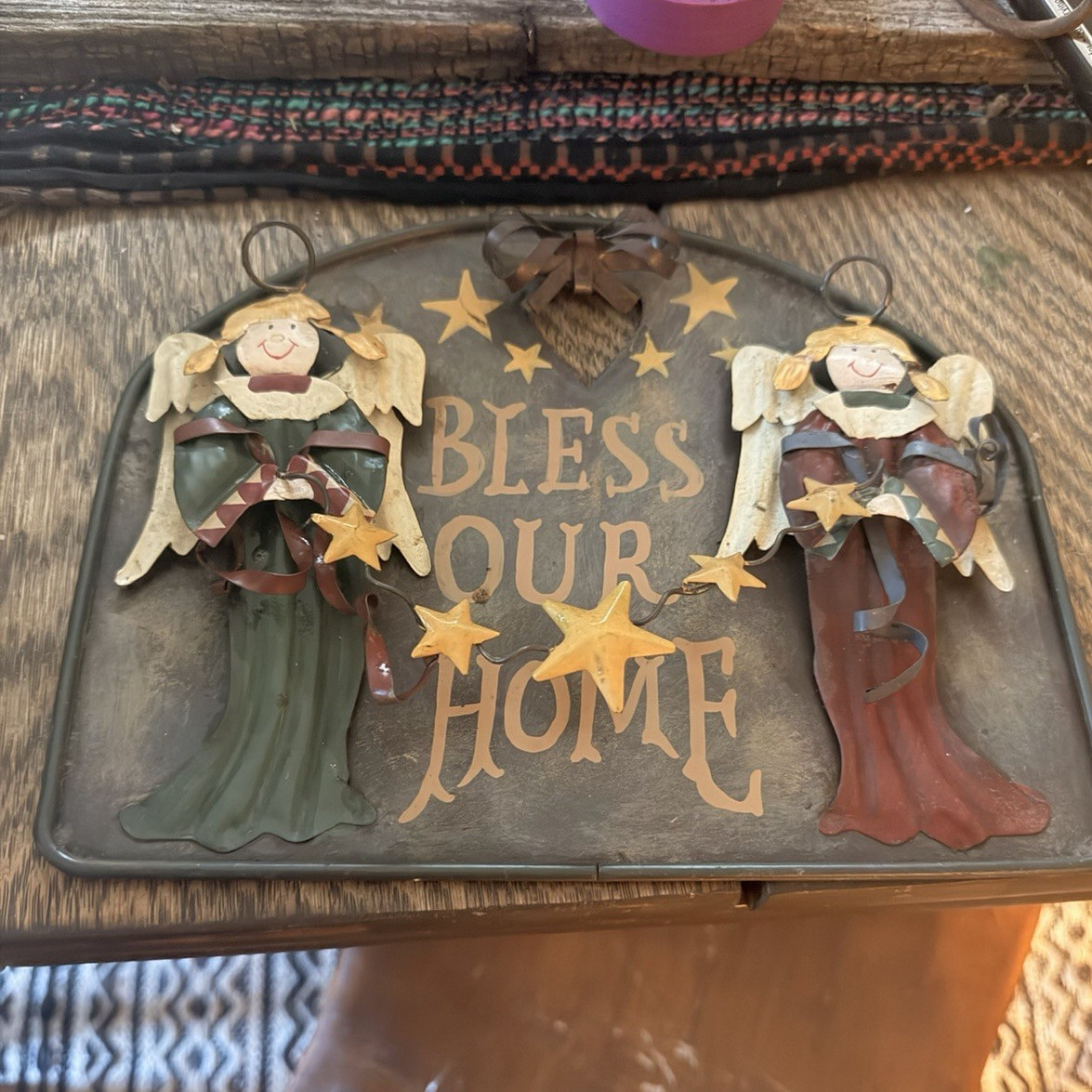 Metal Wall Plaque “Bless Our Home” Rustic Arch Hanging Angels & Stars