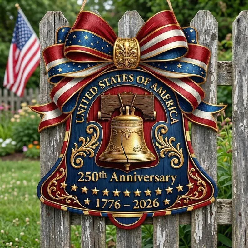 USA 250th Anniversary Wooden Liberty Bell Sign, 1776-2026 Decor
