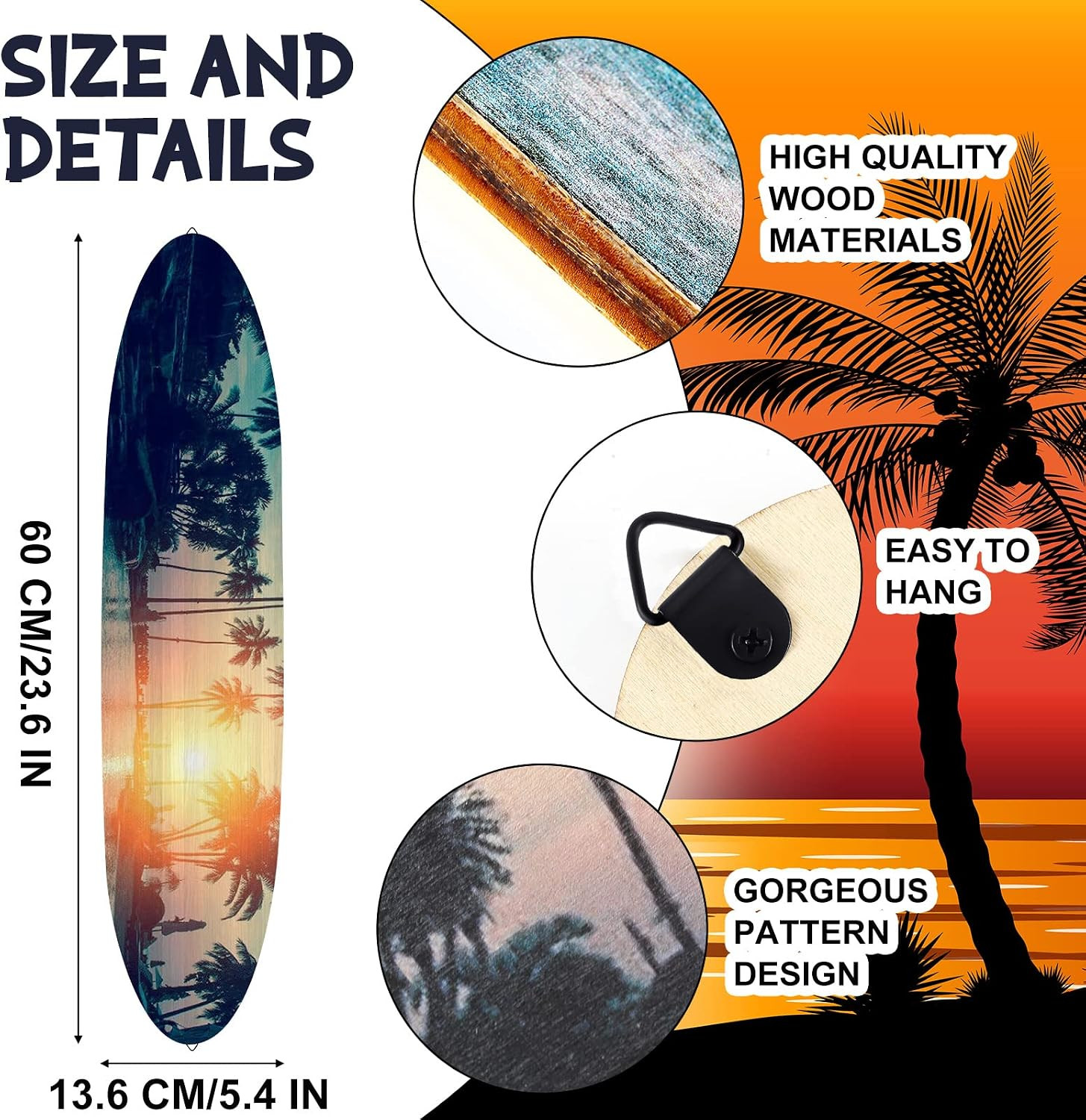 3 Pcs Surfboard Wall Decor 23.6″ X 5.4″ Beach Room Decor Large Wooden Summer Sur