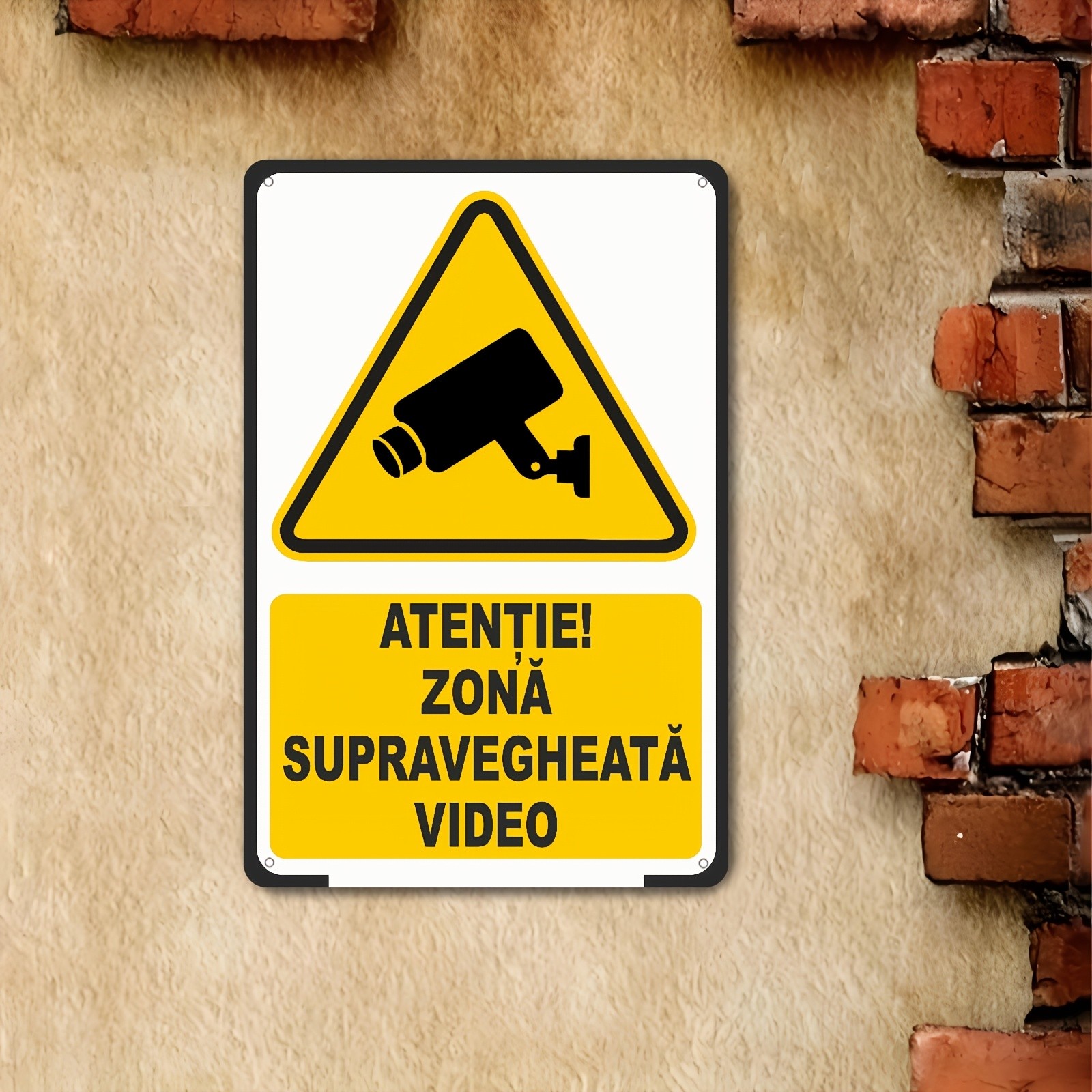Metal Security Sign 20.32×30.48 cm Black & Yellow Caution