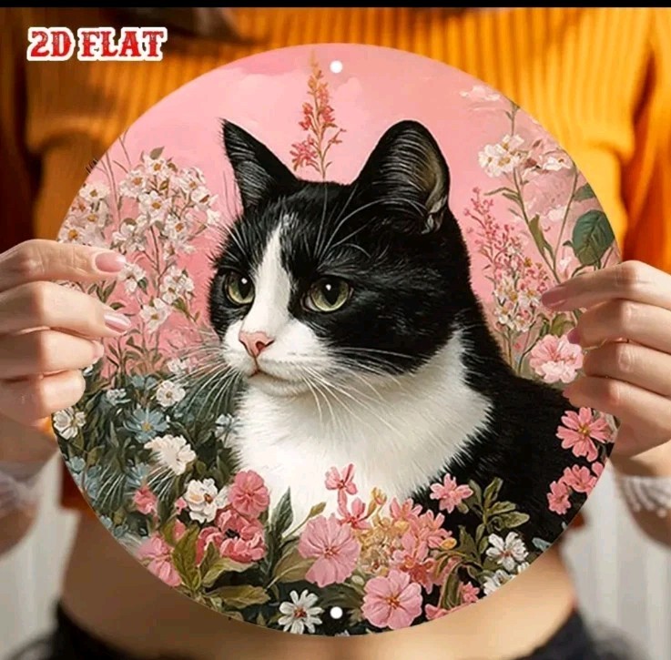 Black White Cat Pink Flowers Round Metal Sign 8″ Aluminum Wall Decor