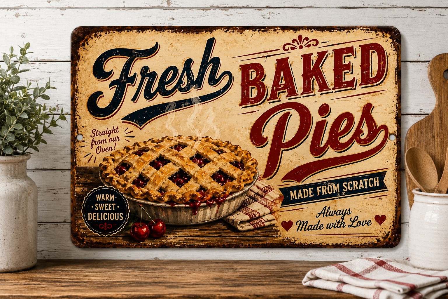 Fresh Baked Pies Aluminum Sign Retro Farmhouse Kitchen Bakery Wall Decor 12×8