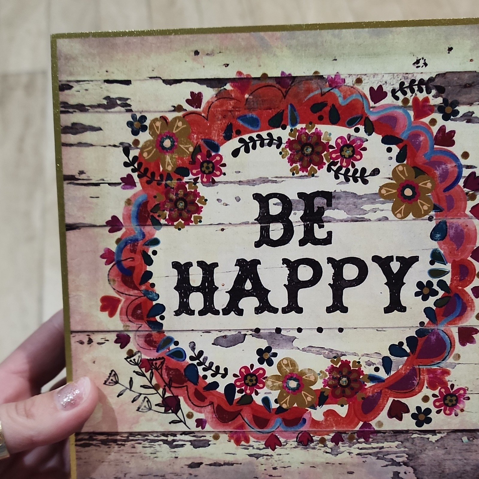 Natural Life Be Happy Inspirational Floral Wood Plaque 6×6 Rustic Freestanding