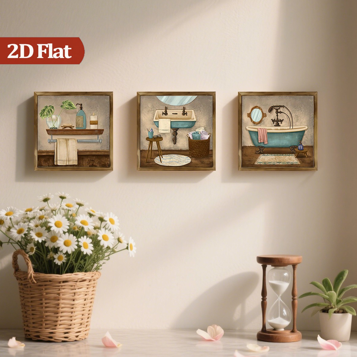 3Pcs Vintage Bathtub Still Life Wooden Sign Rustic Framed Bathroom Wall Decor