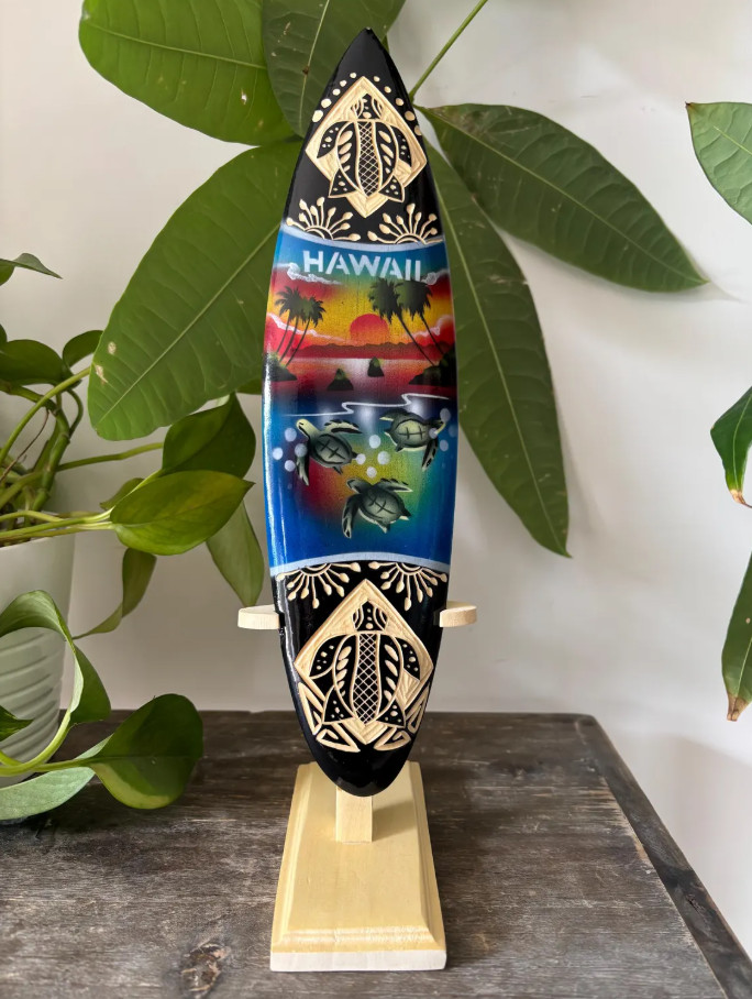 Hawaiian Hand Made 12″ Carved Wood Surfboard Display Stand Sunset Honu Turtles
