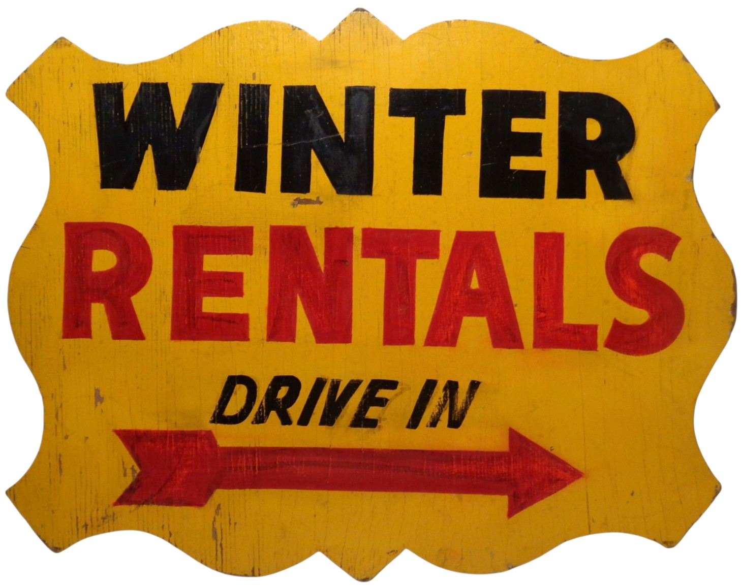 WINTER RENTALS DRIVE IN EARLY-MID 20TH C VINT HAND PAINTED JIG-CUT EDGE WDN SIGN