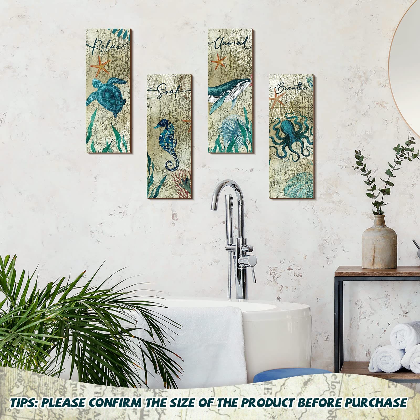 Qunclay 4 Pieces Beach Bathroom Decor Wall Sign Ocean Decor Sea Turtle Wall Art