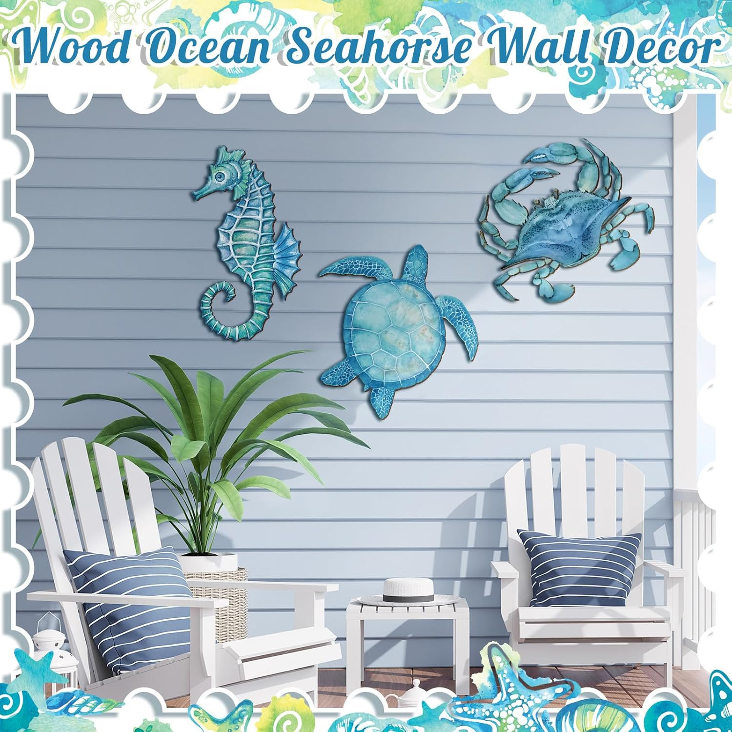 3 Pcs Summer Coastal Wall Decor Bathroom Beach Blue Wall Art Sea Turtle Surfboar