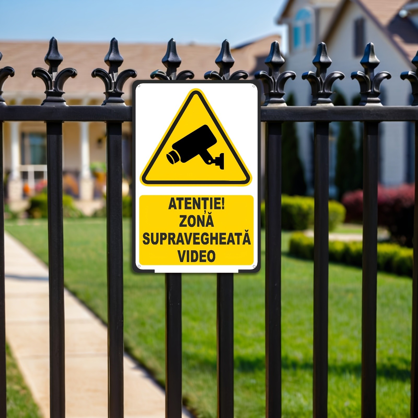 Metal Security Sign 20.32×30.48 cm Black & Yellow Caution
