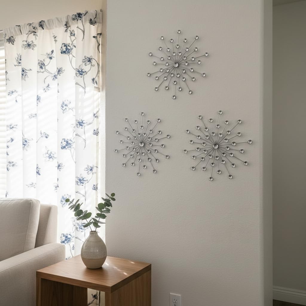 3 Set Silver Starburst Wall Art for Home Decor Metal Bling Crystal Rhinestone…