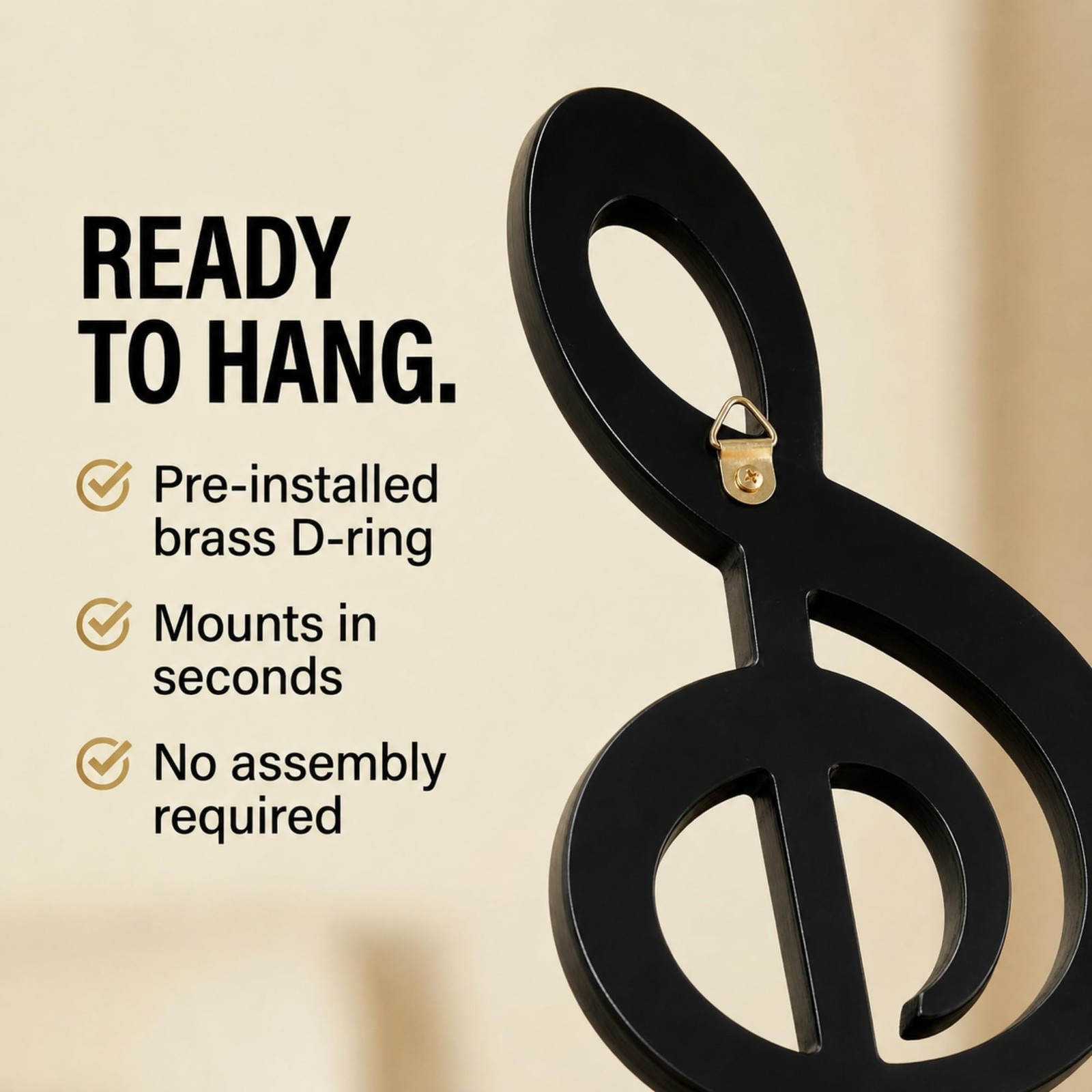 Treble Clef Music Note Glossy Black 9 Inch Wood Hanging Wall Decoration