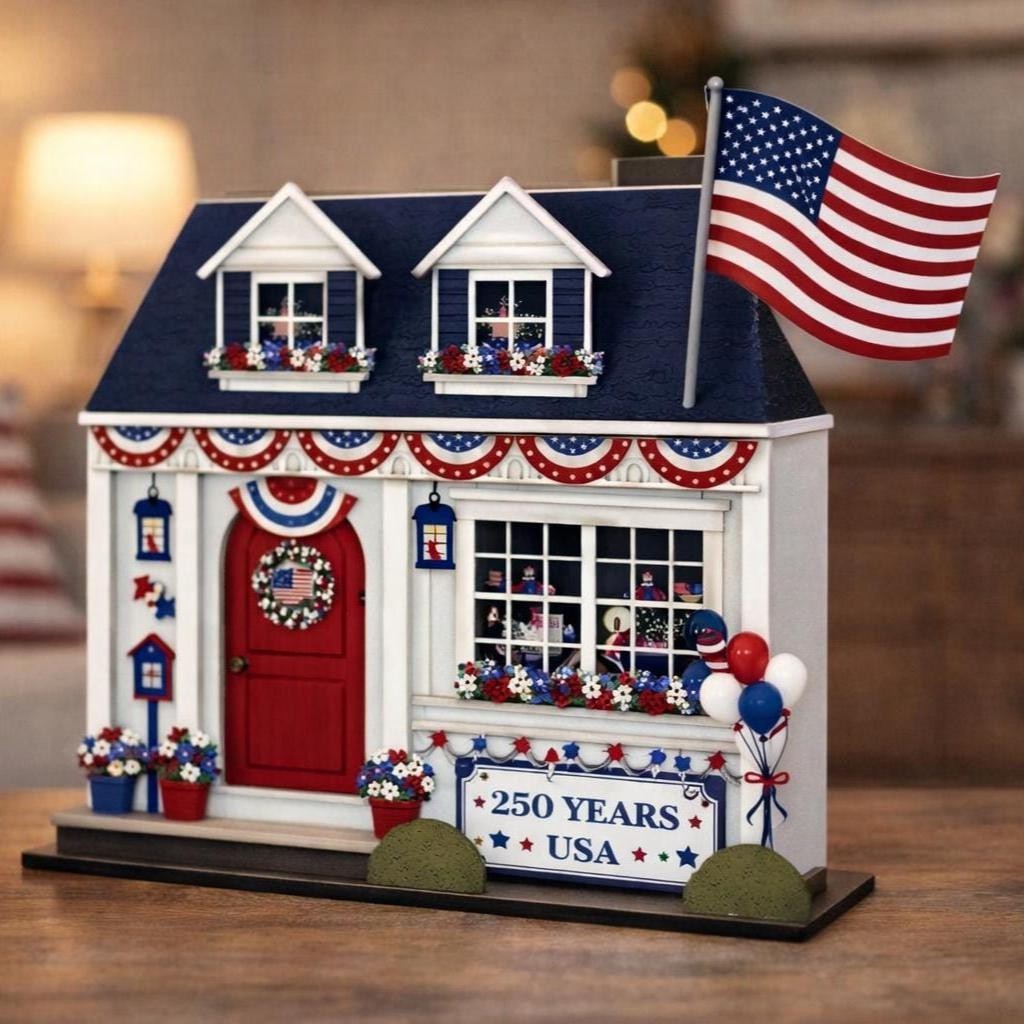 America 250 Wooden House Decor Patriotic 1776–2026 Display Red White Blue Sign