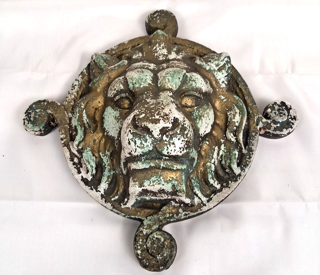 VTG Metallic Gold & Green Patina Concrete? Lion’s Head Wall Sculpture Art Decor