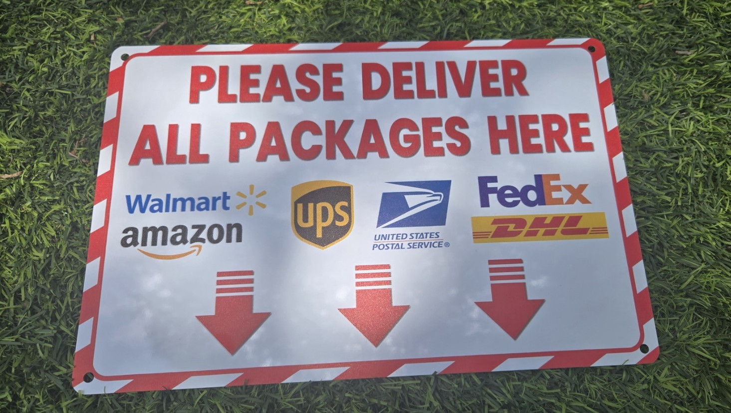 Please Deliver All Packages Here Metal Wall Sign, Rectangle, White/Red, Hanging