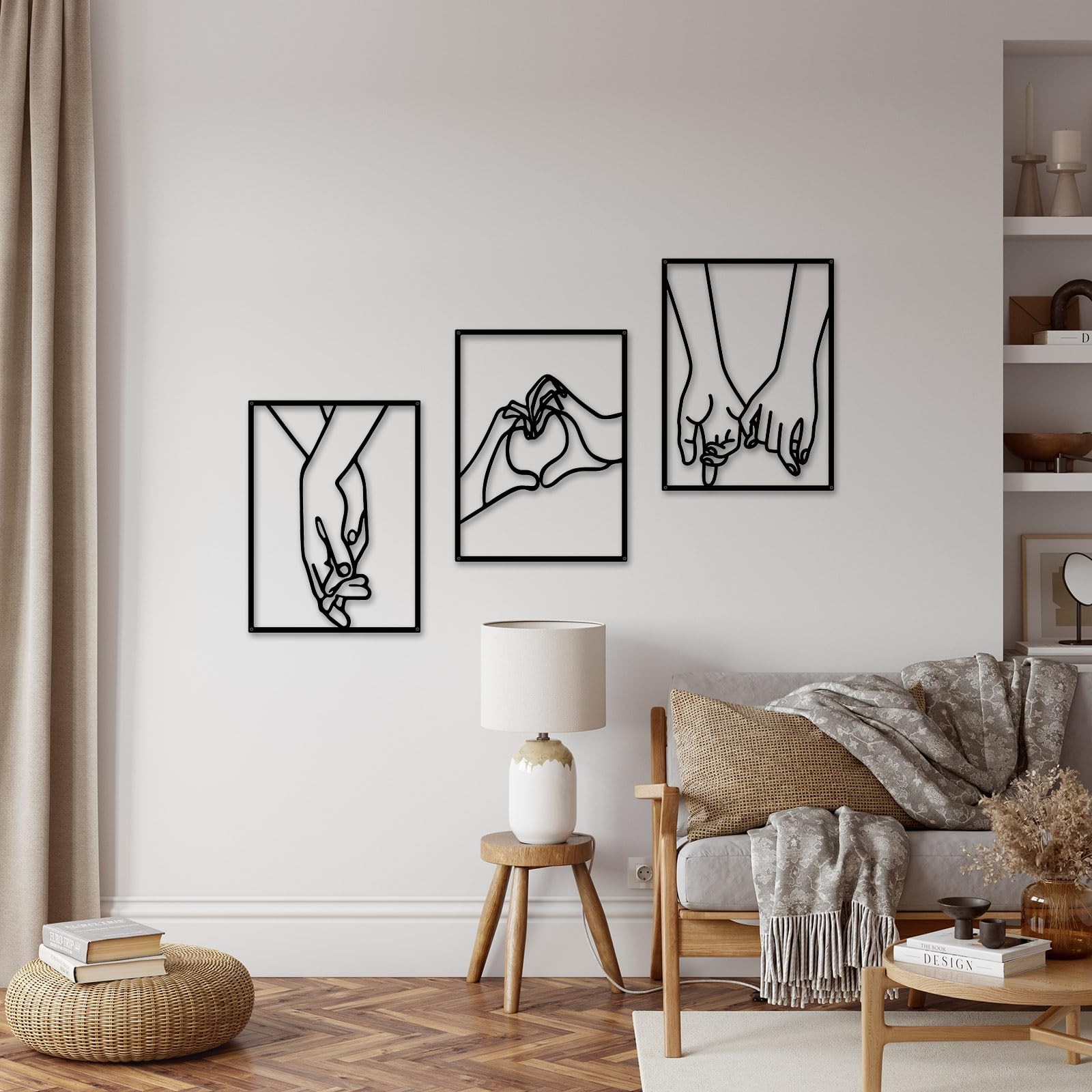 3 PCS Minimalist Heart Hands Black Metal Wall Decor Single Line Abstract Art