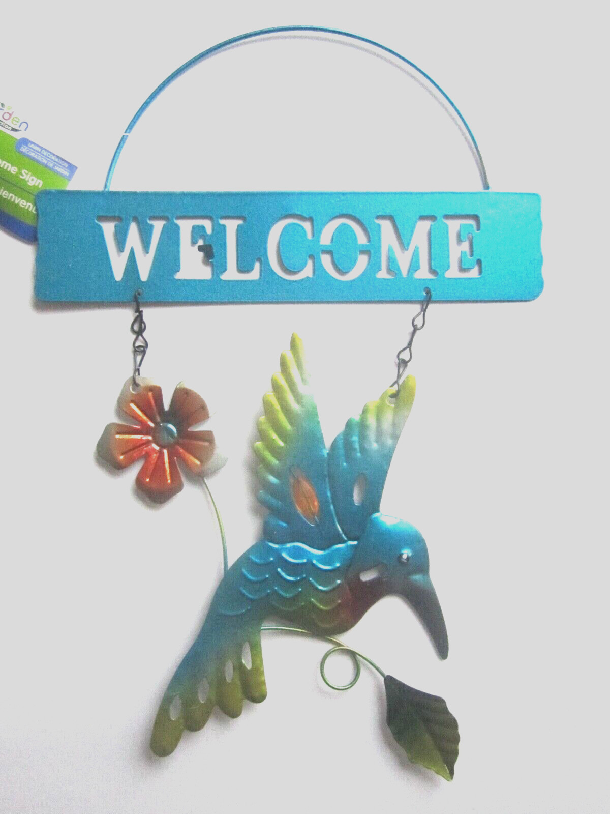 Garden Collection Metal Beautiful Glossy Hummingbird Welcome Blue Sign 8×12-in.