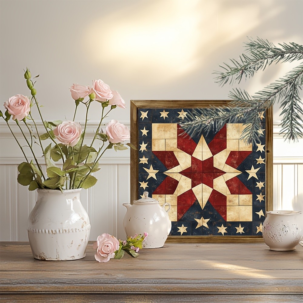 Vintage Star Quilt Flag Wooden Plaque Patriotic Farmhouse American Home Decor