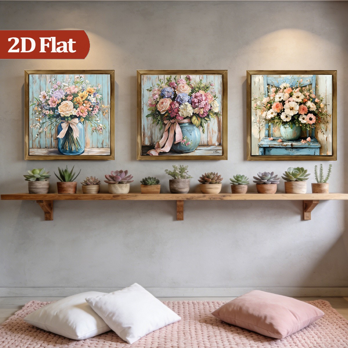 3Pcs Rustic Rose Hydrangea Still Life Wooden Sign Framed Floral Bathroom Decor