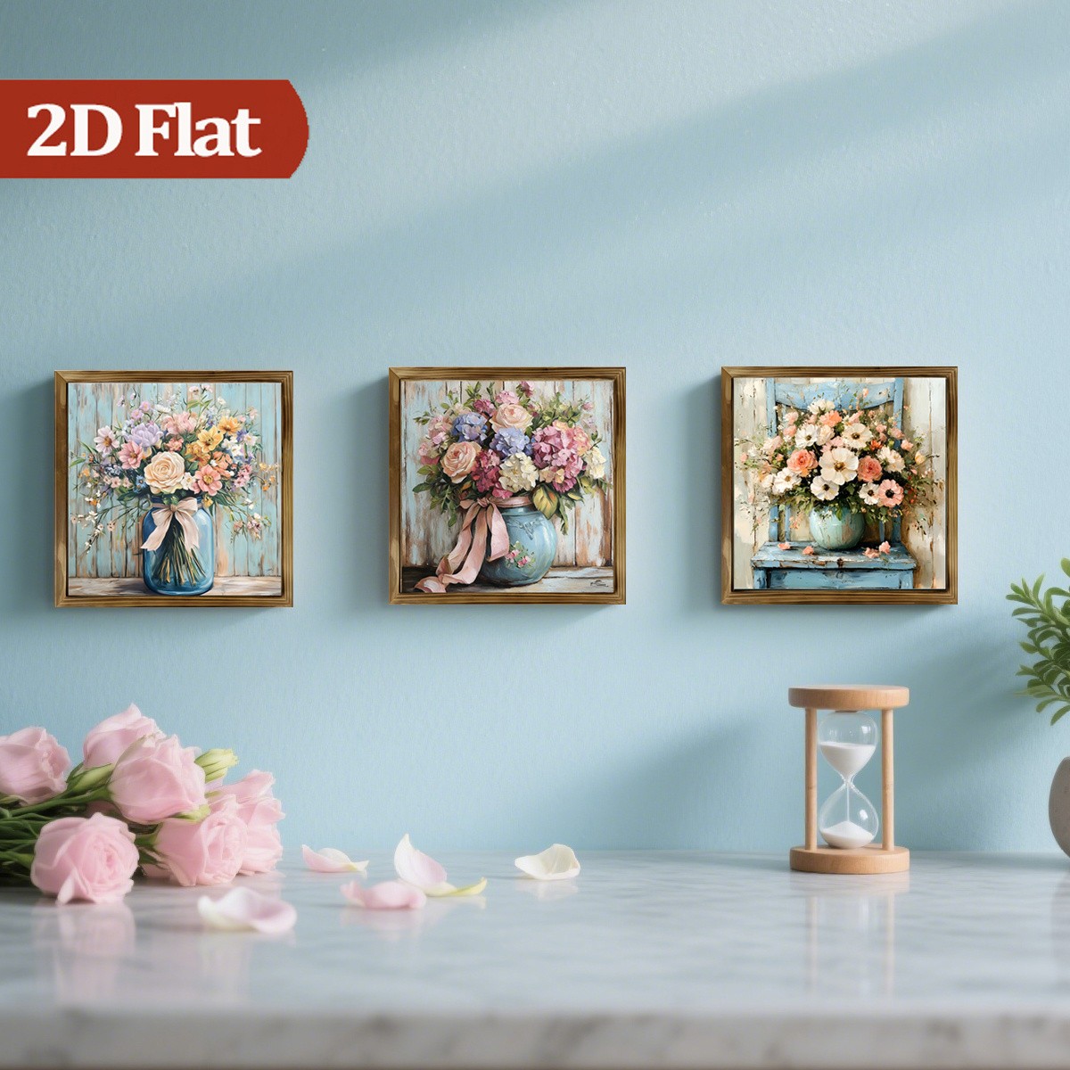 3Pcs Rustic Rose Hydrangea Still Life Wooden Sign Framed Floral Bathroom Decor