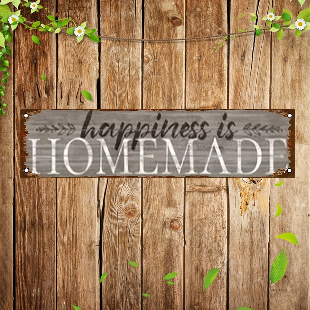 Vintage Metal Wall Art Sign “Happiness is Homemade” Rustic White 4×16″