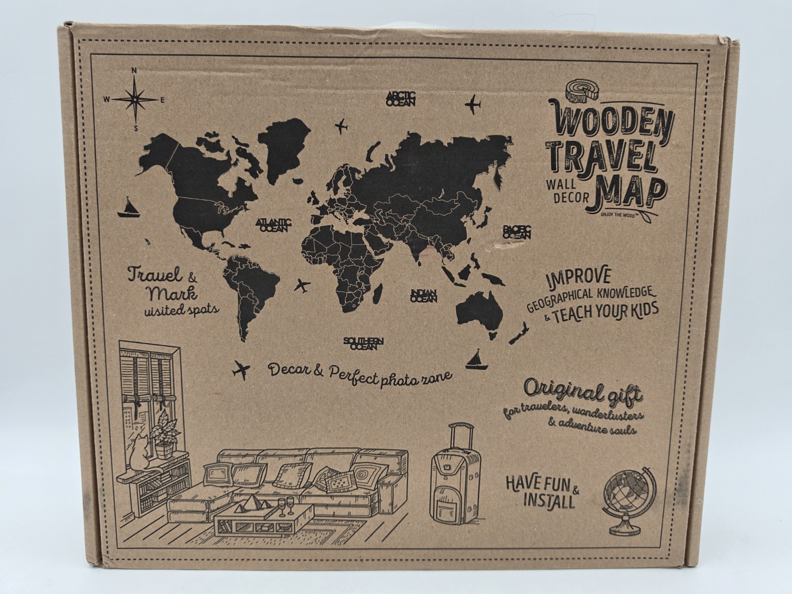 Enjoy The Wood Wooden Travel Map Wall Decor Medium 39″ x 24″ Complete Open Box