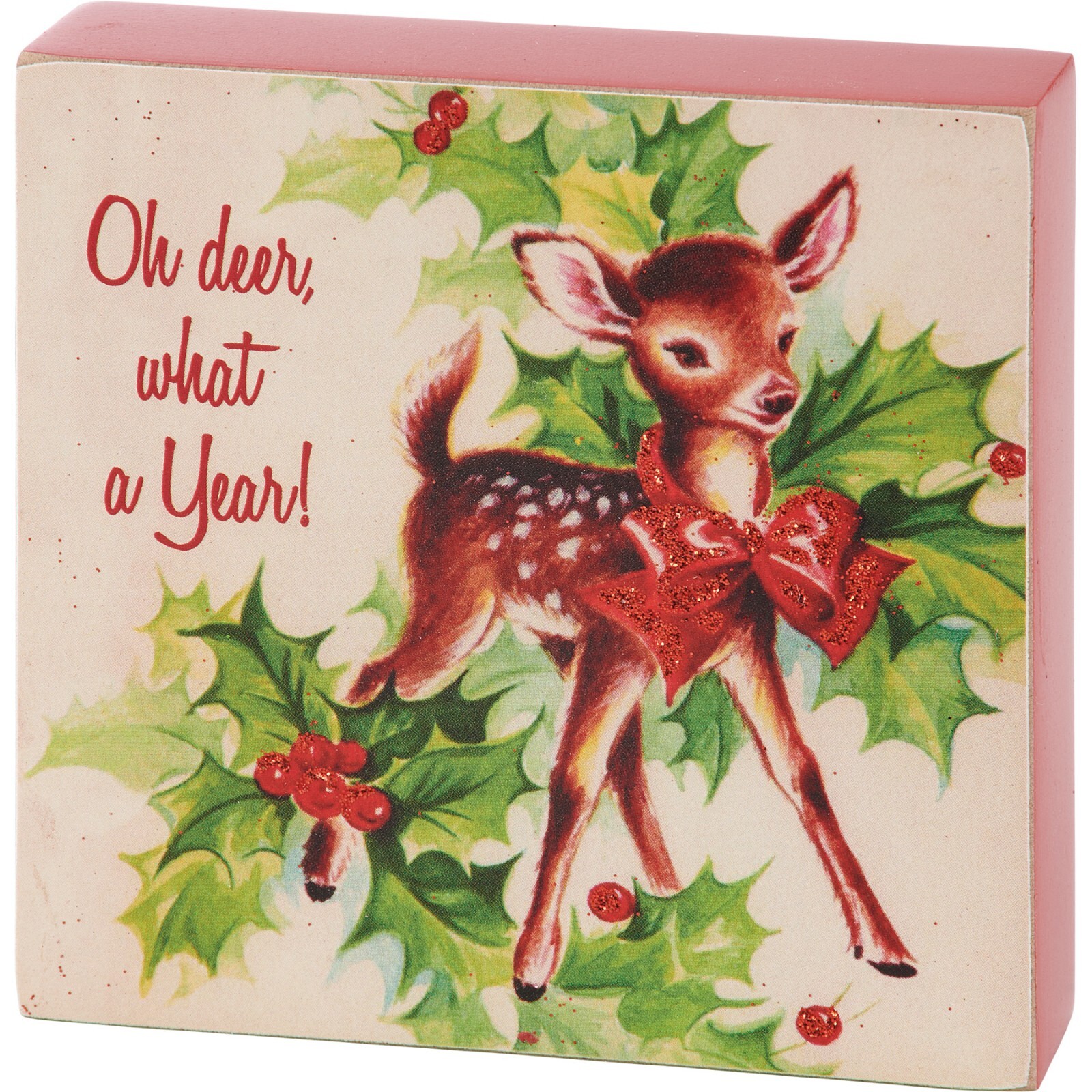 Oh Deer Retro Holiday Christmas Primitives by Kathy Wood Block Sign 4 in x 4 in