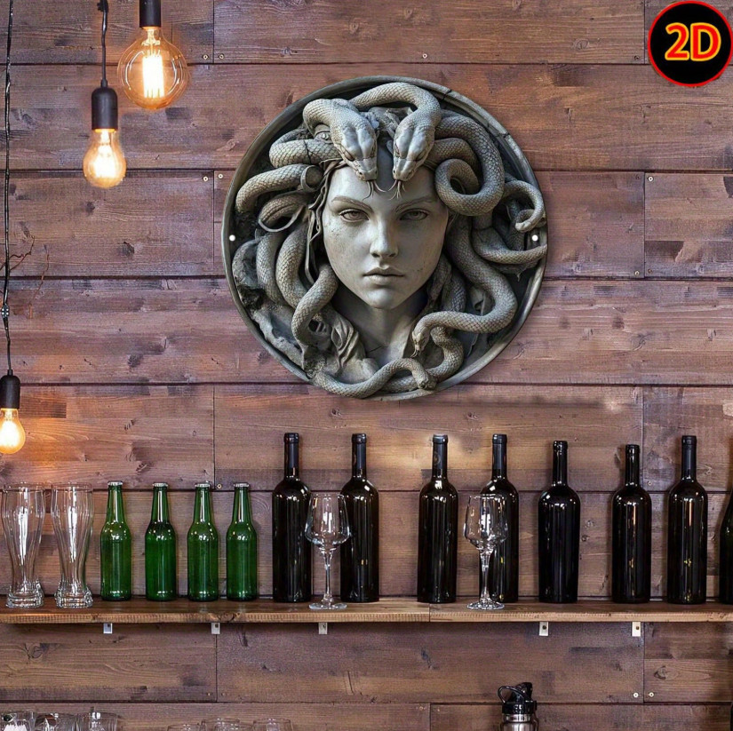 2D Flat Retro Medusa Head Sculpture Wall Art 8 in Round Aluminum Metal Sign, Exq