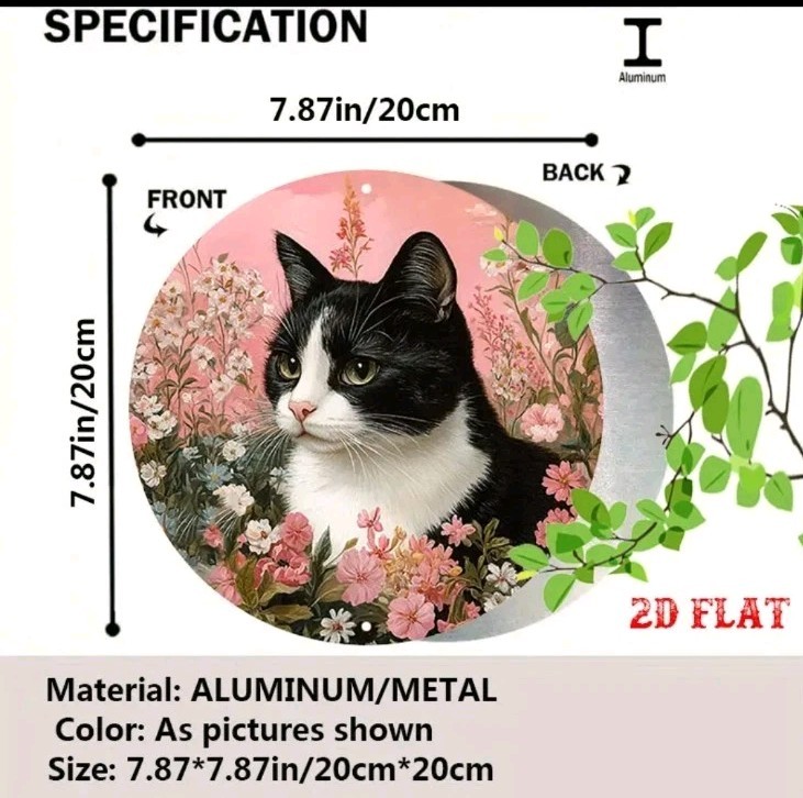 Black White Cat Pink Flowers Round Metal Sign 8″ Aluminum Wall Decor