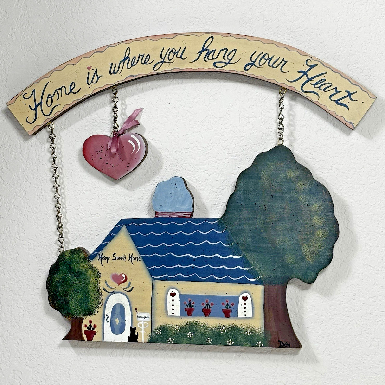 Vintage Folk Art “Home Is Where You Hang Your Heart” Wood Wall Hanging Decor