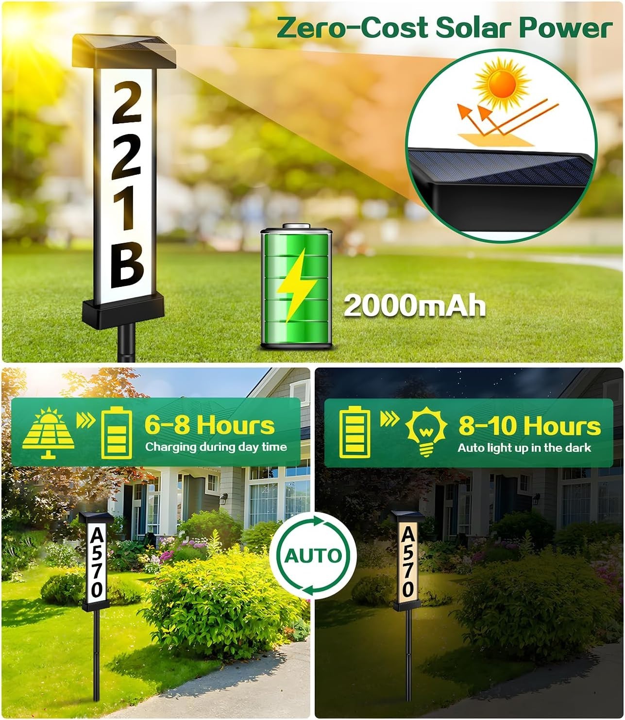 Solar Address Sign, Dual-Sided House Numbers for Outside Waterproof, 3 Colors…