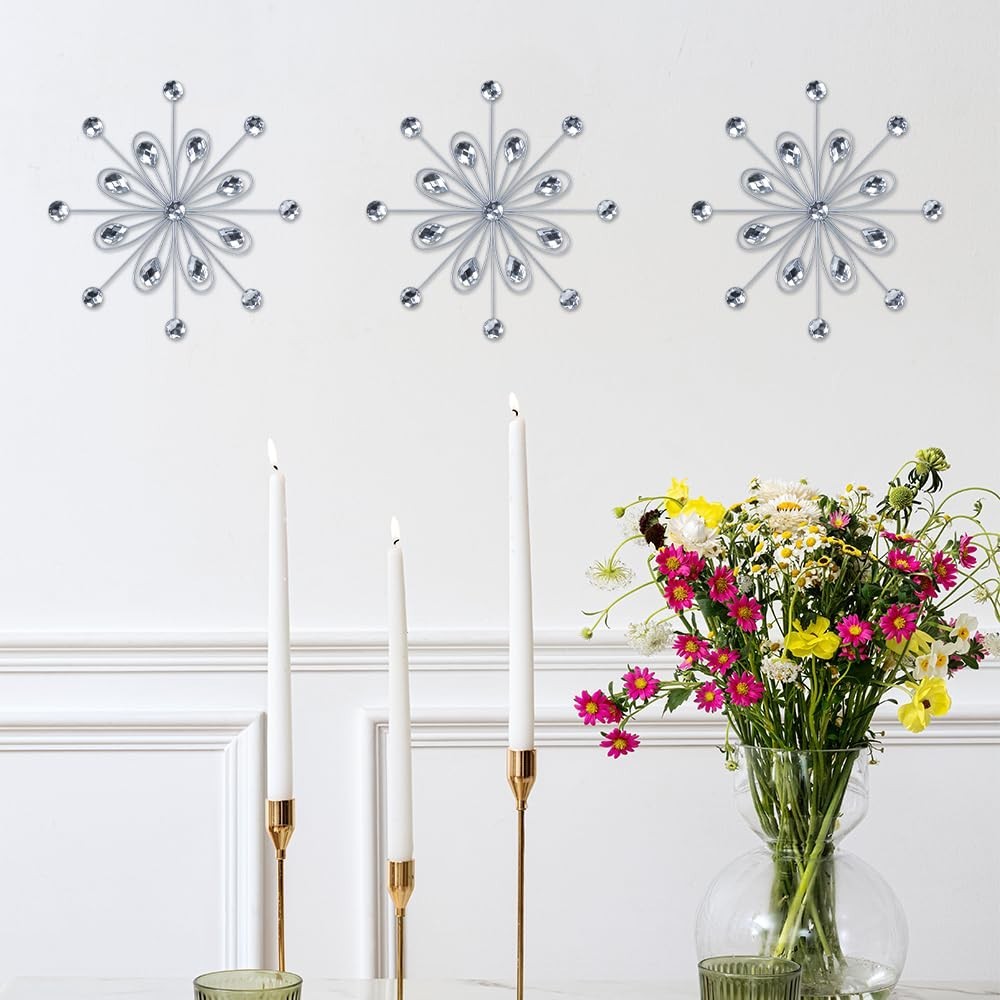 3pcs Silver Metal Flower Wall Art – Jeweled Crystal Decor for Indoor/Outdoor, Li