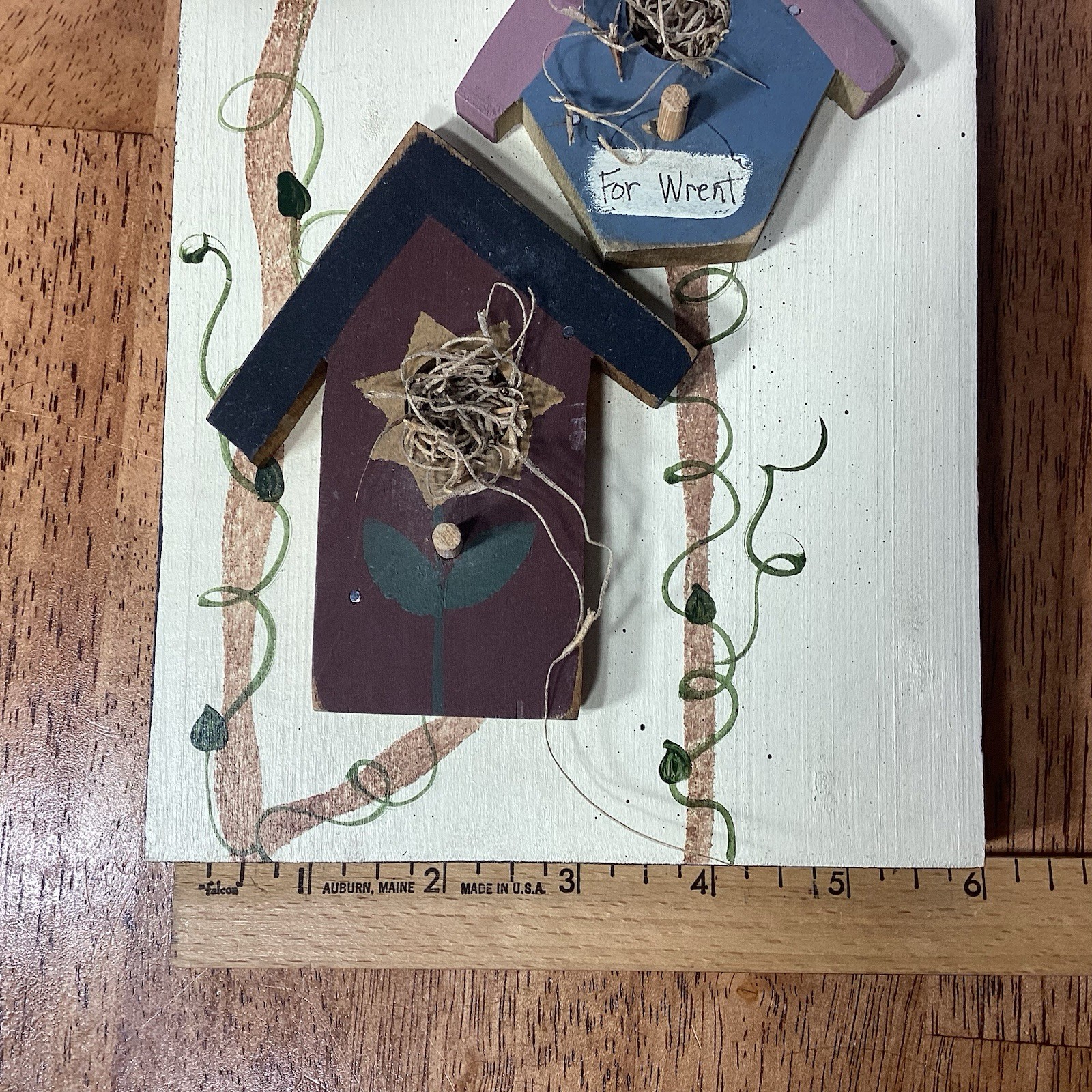 Hand Painted Wooded Primative Plaque Wall Hanging Bird Houses Home Quote