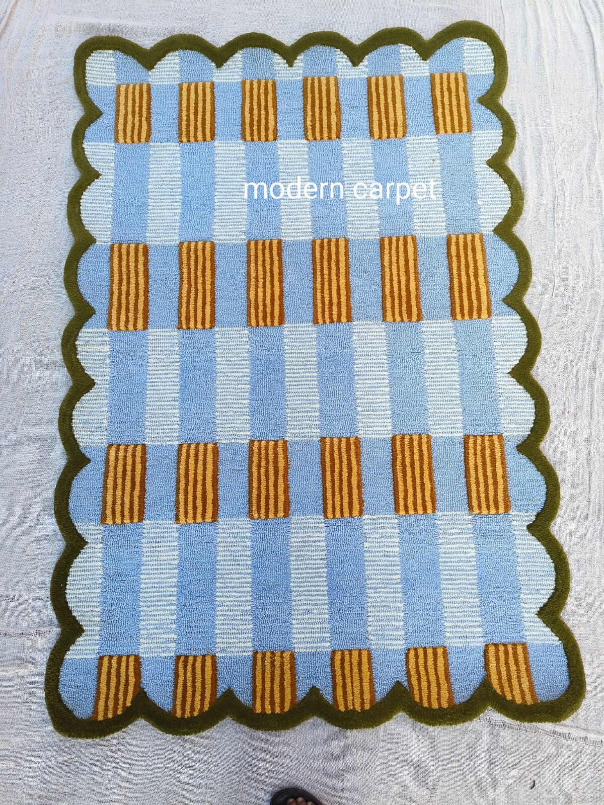 Handmade Wool Tufted Rug Mustard Blue | Modern Geometric Carpet Cozy Home Decors